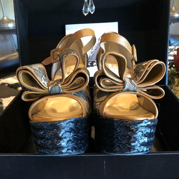 Valentino Lace Fabric w/Tan Leather Strap & Bow - Picture 2 of 5